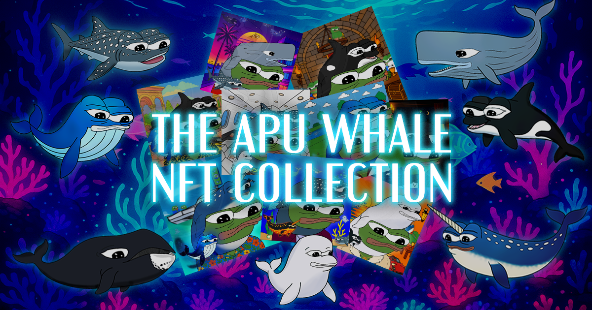 Apu-styled whales swimming around a stack of Whale NFT artwork